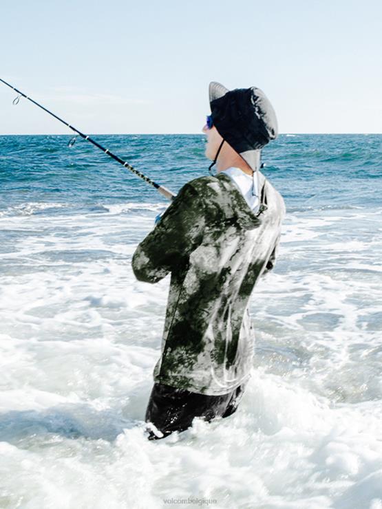 Hommes Volcom noir surf vitals balaram stack hooded long sleeve 50 upf rashguard ZJ48F179